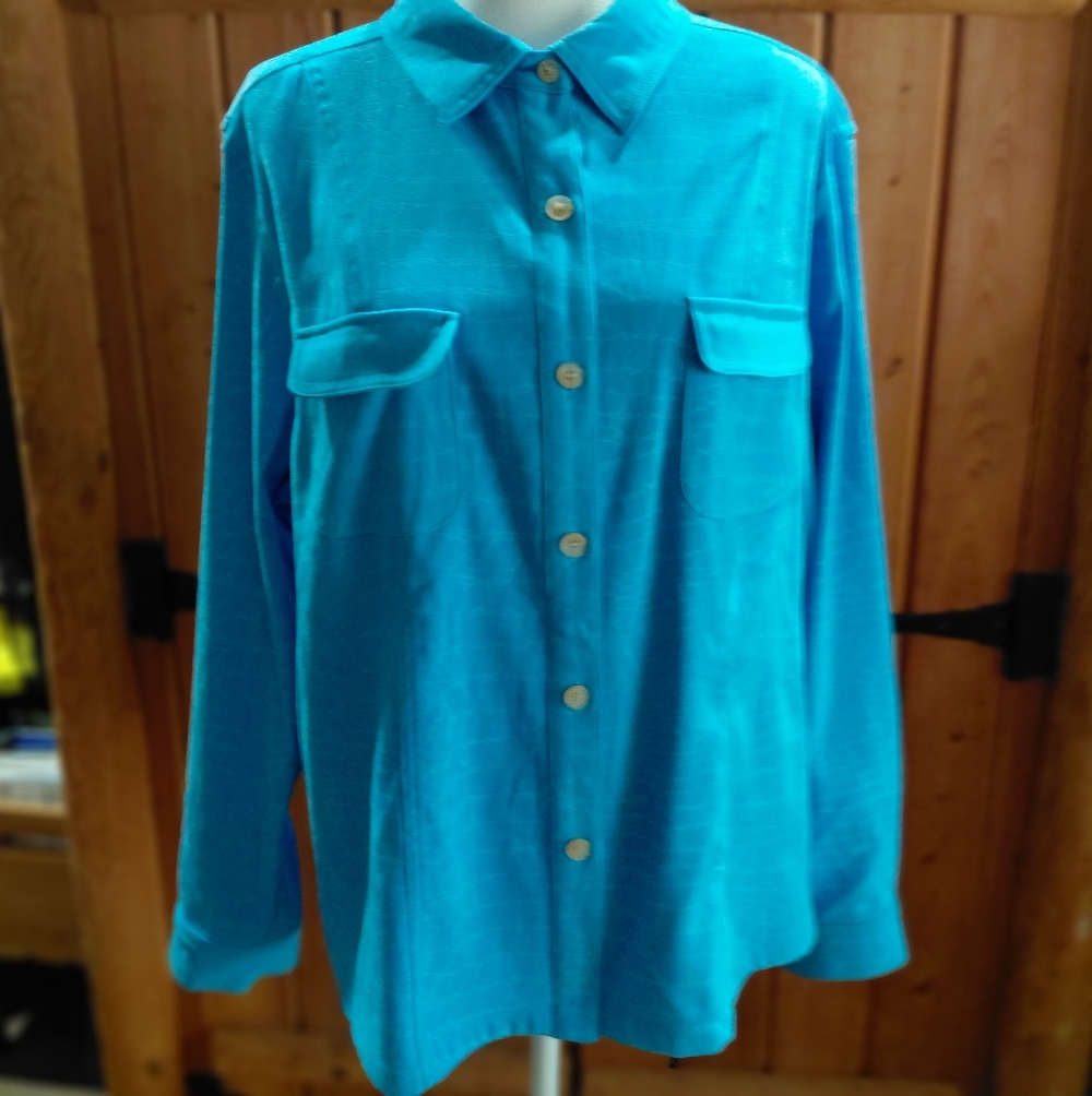 DRAPER & DAMON Vibrant Blue Microsuede Button Up Long Sleeve Shirt/Blouse EUC
